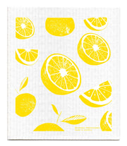 Bespoke Provisions - Lemons Swedish Dishcloth featuring yellow lemon patterns on a white surface, ideal for eco-friendly cleaning in the kitchen.