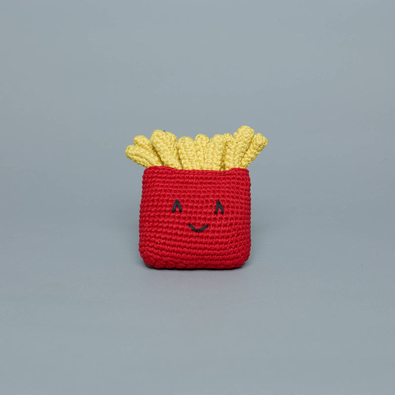 Ware of the Dog - Hand Knit French Fries Dog Toy, featuring a cute amigurumi-style design with a smiling face, crafted from fair-trade lambswool in Nepal.