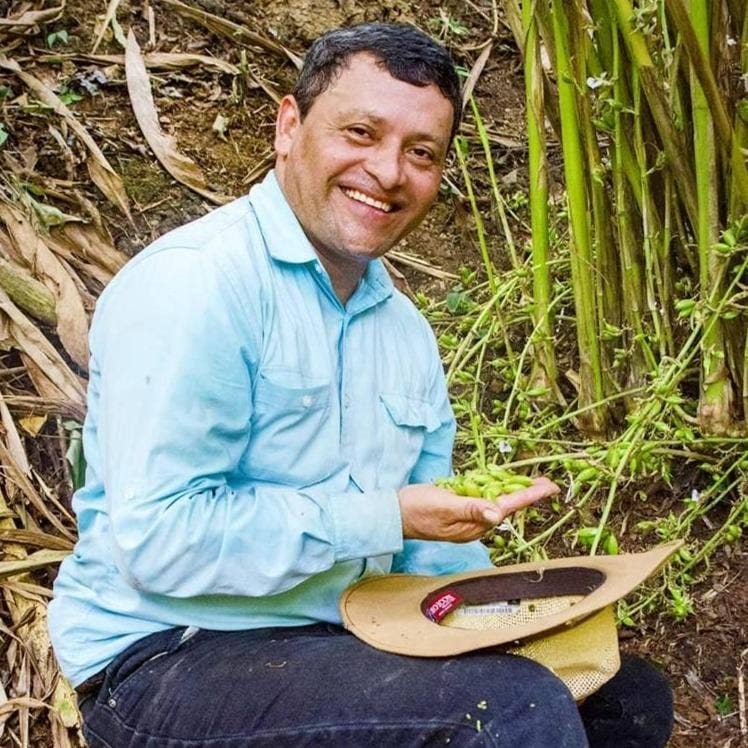 Man kneeling in a garden, holding green cardamom pods, promoting Burlap & Barrel - Cloud Forest Cardamom, a 1.7 oz single-origin spice from Alta Verapaz, Guatemala.