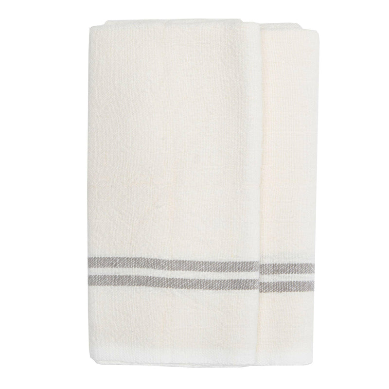 Caravan Home | Vintage Linen Ivory & Grey Towels, featuring handmade Khadhi linen with elegant gray stripes, ideal for adding chic, rustic allure to any dining setting.