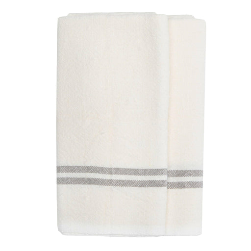 Caravan Home | Vintage Linen Ivory & Grey Towels, featuring handmade Khadhi linen with elegant gray stripes, ideal for adding chic, rustic allure to any dining setting.