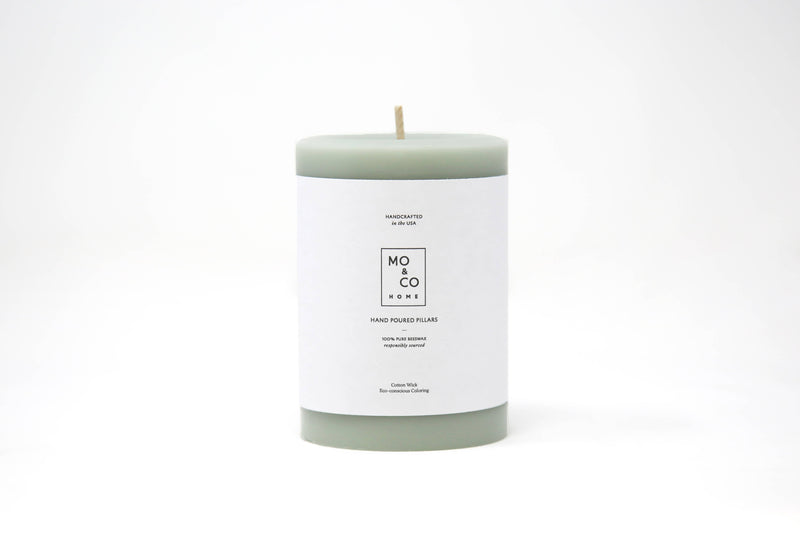 Mo&Co Home - 100% Beeswax Pillar Candle in Eucalyptus scent, 3x6 Inch size, featuring a white label. Hand-poured for a clean, eco-friendly burn.