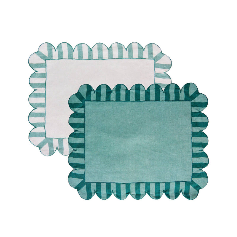 Misette | Jardin Embroidered Linen Scalloped Stripe Double-Sided Placemats in Green, Set of 4
