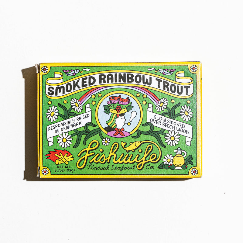Fishwife - Smoked Rainbow Trout tin, featuring responsibly raised Danish trout, slow-smoked over beech wood, with bright packaging and floral accents.