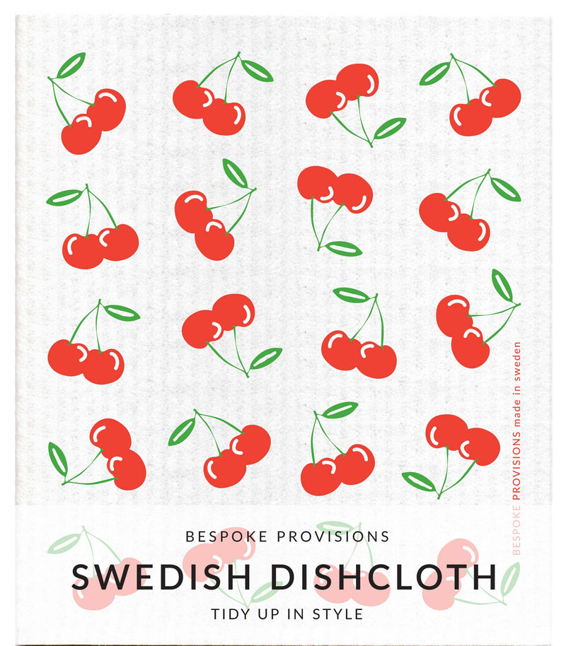Bespoke Provisions - Cherries Swedish Dishcloth features a cherry pattern, ideal for cleaning tasks. Made from biodegradable materials, it's hygienic and dishwasher safe.