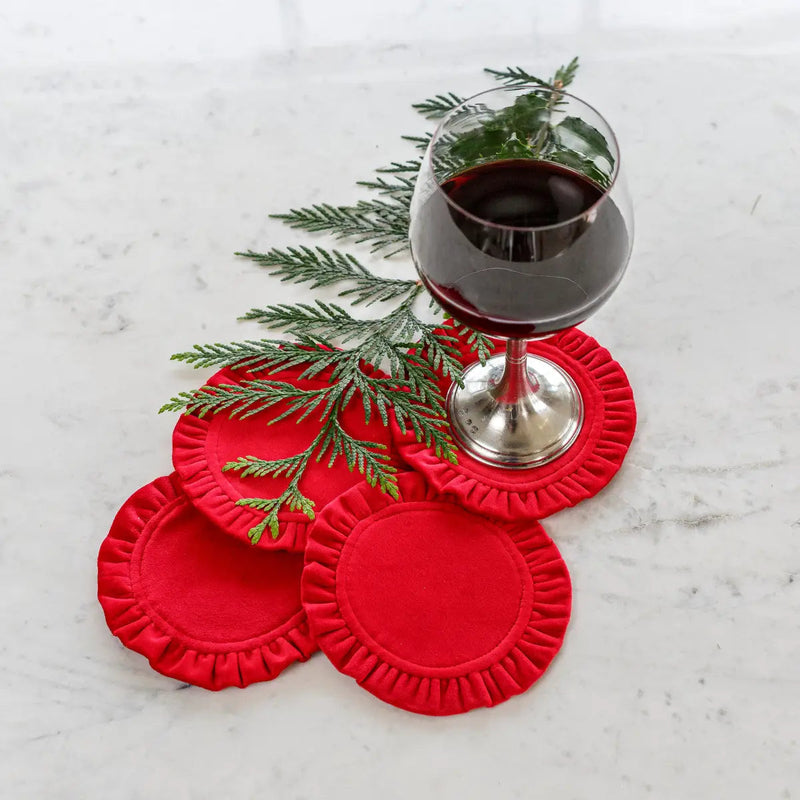 Arte Italica & Crown Linen Designs | Round Ruffle Coaster Set (4), Velvet Red