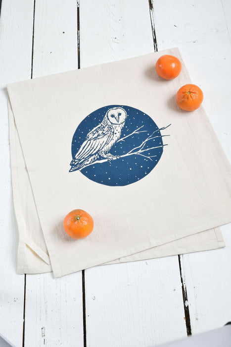 Hearth and Harrow - Organic Cotton Barn Owl Tea Towel - Navy - Bird Kitchen.