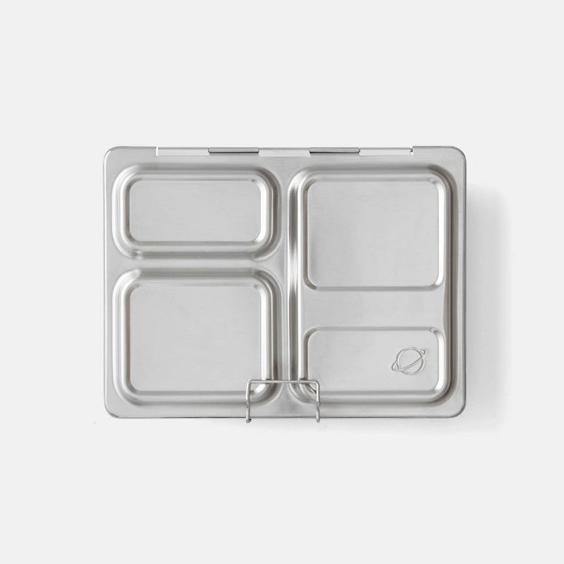 PlanetBox - Launch Stainless Steel Lunch Box, featuring a durable, leakproof design with three compartments, ideal for larger meals, crafted from recycled stainless steel.