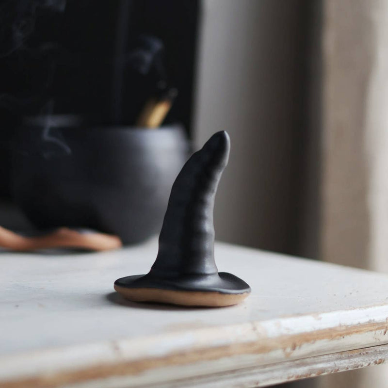 Gravesco Pottery - Black Witch Hat: Handmade ceramic ring holder shaped like a witch's hat, perfect for Halloween decor or gifting.