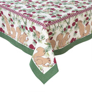 Couleur Nature - Squirrel and Pinecone Red & Brown Tablecloth: 71 x 71, featuring handprinted squirrels and pine cones on a white background, ideal for festive and casual gatherings.