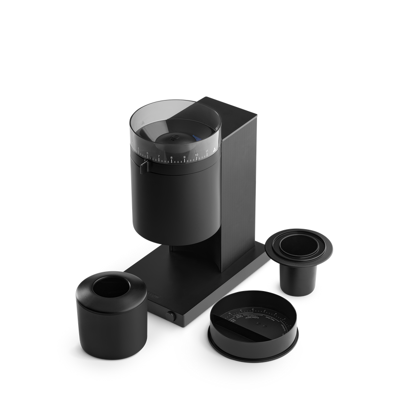 Fellow | Opus Conical Burr Grinder - Matte Black with sleek design, volumetric dosing lid, and grind guide for precise coffee brewing. Perfect for espresso to cold brew enthusiasts.