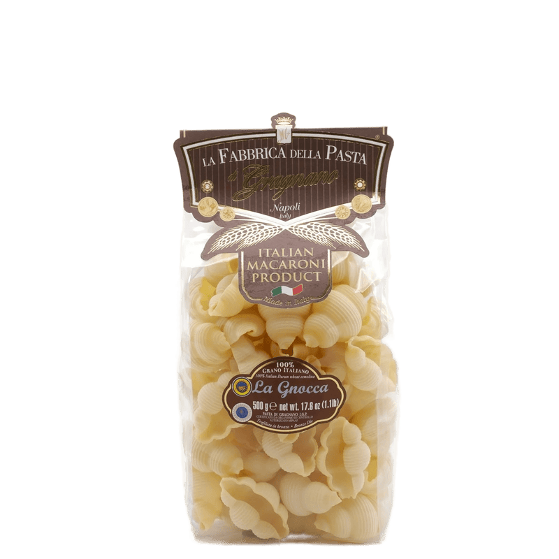 Zia Pia - Gnocca by La Fabbrica della Pasta: 500 g of shell-shaped, ridged Italian pasta in a clear bag, perfect for capturing sauces.