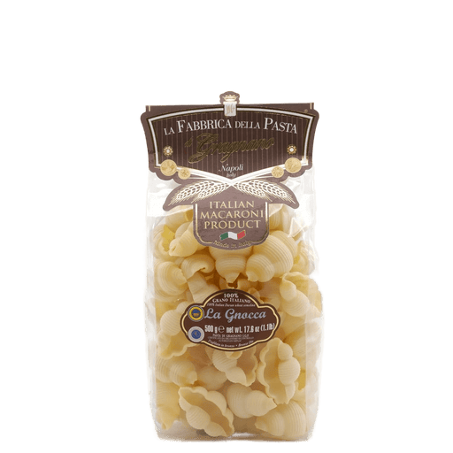 Zia Pia - Gnocca by La Fabbrica della Pasta: 500 g of shell-shaped, ridged Italian pasta in a clear bag, perfect for capturing sauces.