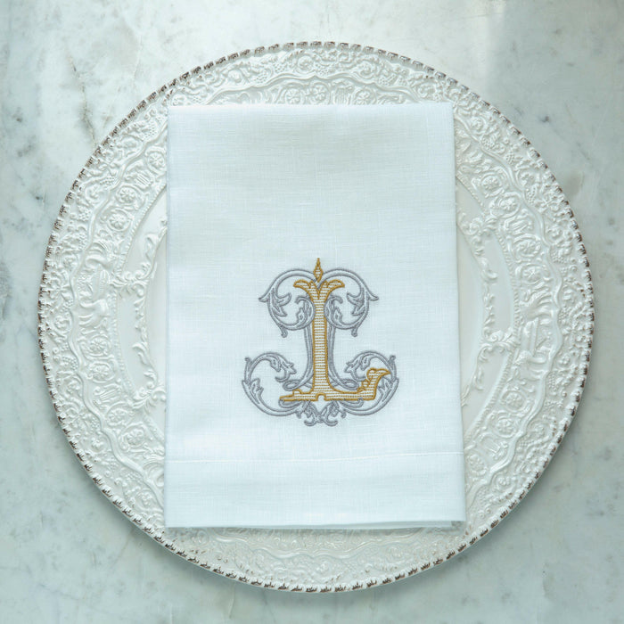 Crown Linen Designs | Vintage Vine Monogram Tri-Fold Napkin.