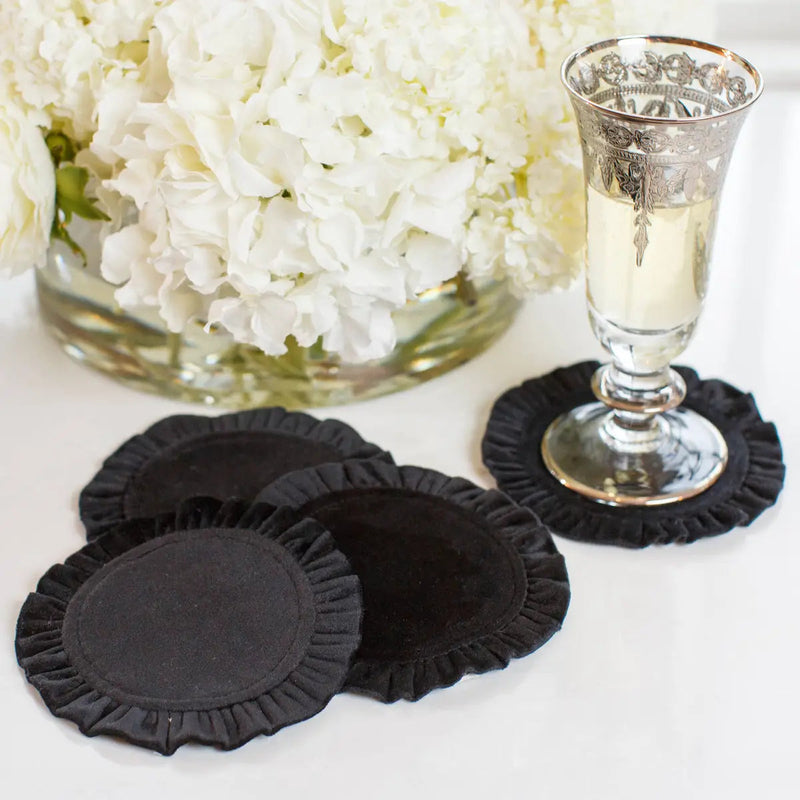 Arte Italica & Crown Linen Designs | Round Ruffle Coaster Set (4), Velvet Red