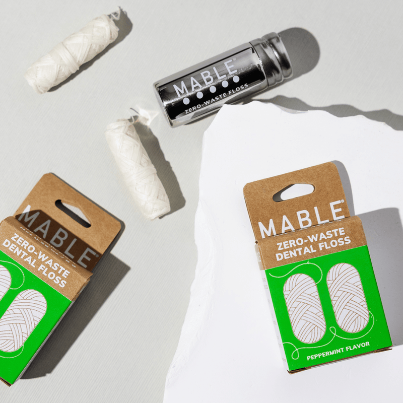 MABLE Silk Dental Floss Refill - 2 Pack: eco-friendly, compostable floss with peppermint flavor, includes two refill spools and a stainless-steel tin for sustainable oral care.