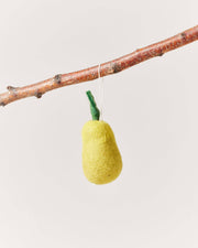 Farmhouse Pottery - Felted Fruit Ornament: Clementine; yellow felt pear-shaped ornament with green stem, hand-crafted in Nepal, hangs from a twig.