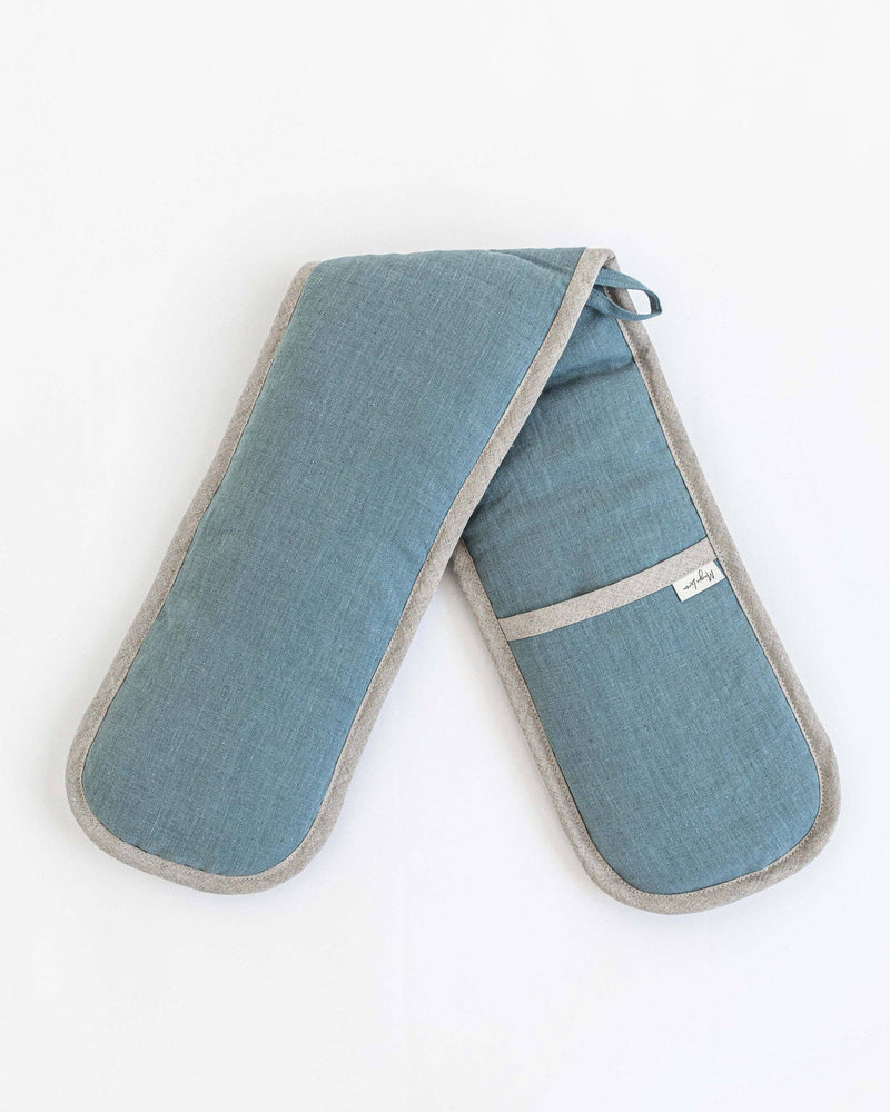 MagicLinen double oven mitt in blue, designed for heat protection, crafted from excess linen for sustainability. Ideal for cooking tasks in Athens Cooks.