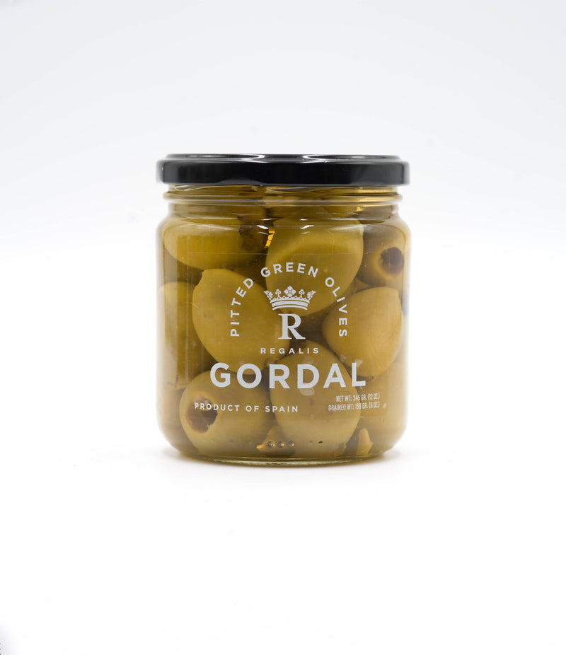 Regalis Foods - Regalis Pitted Gordal Olives, 345g jar with large green olives, known for their firm texture and delicate flavor, ideal for gourmet cooking.