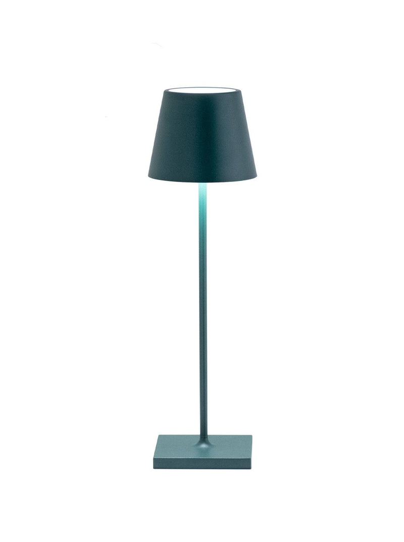 Zafferano America - Poldina Pro Cordless Lamp: Rust, a sleek metal lamp with a conical shade and flat base, offering cordless, dimmable LED lighting.