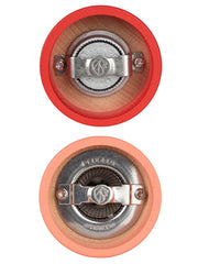Peugeot | Tahiti Duo Salt + Pepper Mills, Fire, featuring two wooden mills with Peugeot's lion-stamped metal plates, showcasing durable grinding mechanisms in red and peach exteriors.