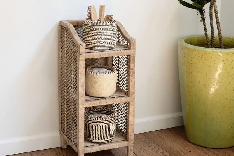NEEPA HUT - Handmade Eco Storage Basket: Beige, intricately woven by Bidayuh artisans, ideal for organizing stationery or displaying houseplants, reflecting traditional craftsmanship.