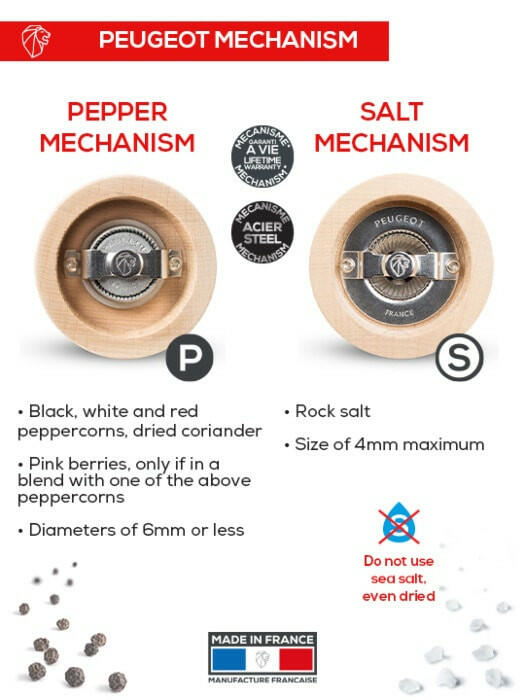Peugeot | Tahiti Duo Salt + Pepper Mills - Air infographic detailing grinding mechanisms, allowed contents, and grind settings for pepper and salt, emphasizing durability and French craftsmanship.