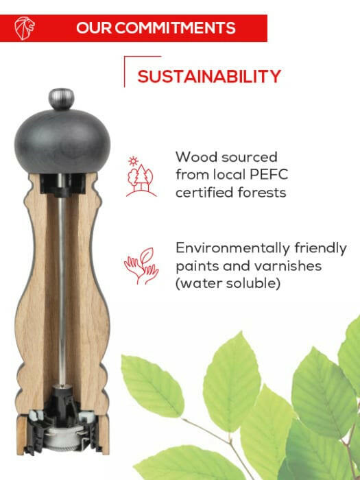Peugeot | Tahiti Duo Salt + Pepper Mills - Air, featuring sustainable wood and eco-friendly finishes, with an internal mechanism illustration and sustainability commitments highlighted.