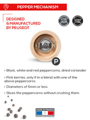 Peugeot Boreal Pepper Mill, Fern Green with lifetime-guaranteed steel mechanism for precise grinding of peppercorns, featuring a sleek design and manufactured in France.