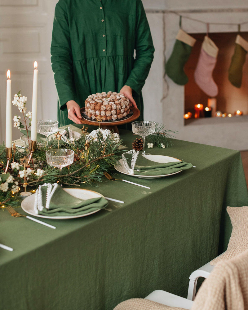 MagicLinen | Pom Pom Trim Linen Napkins - Light Gray - Set of 2, elegantly crafted with white pom pom edges, perfect for versatile dining enhancements.