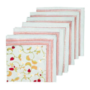 Caravan Home | 19 x 19 Fraises des Bois Blue Napkins Set of 6, featuring handprinted botanical designs on a neatly folded stack, perfect for elegant table settings.
