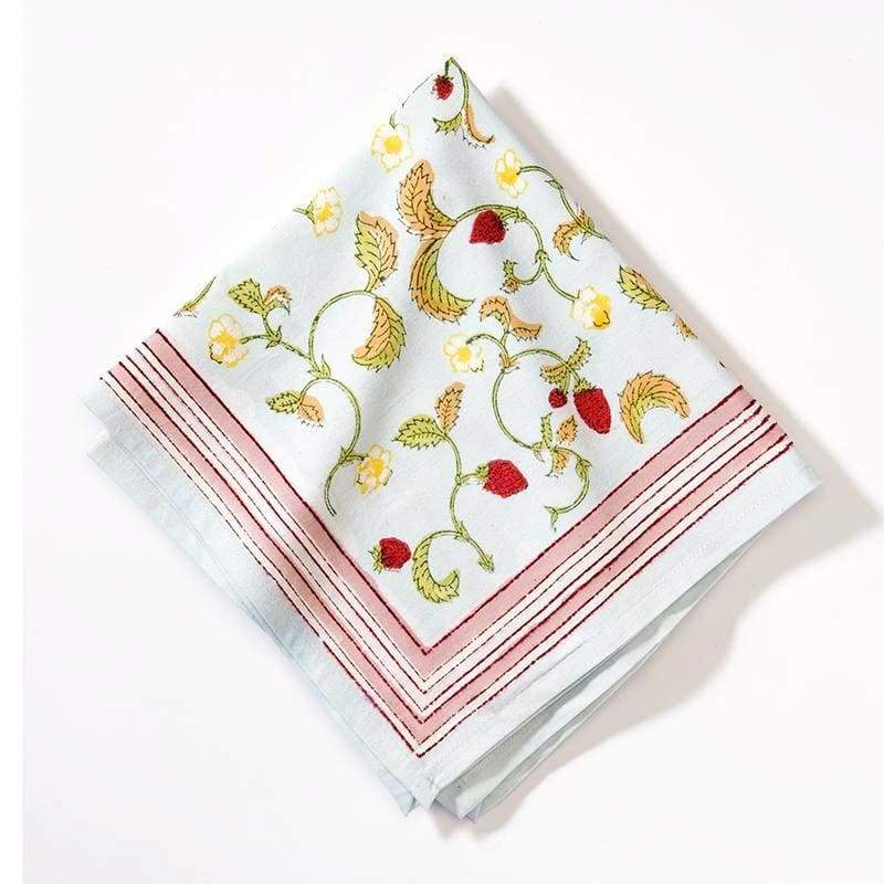Caravan Home | 19 x 19 Fraises des Bois Blue Napkins Set of 6, featuring a handprinted floral design, ideal for elegant table settings.