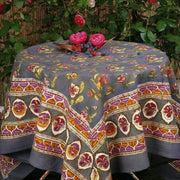 Caravan Home 71 x 106 Pansy Red & Grey Tablecloth with floral and abstract designs, creating a sophisticated table setting with artisanal, handprinted French linen.