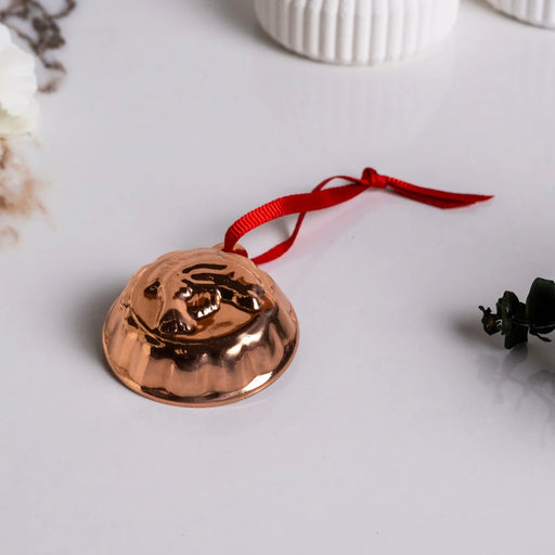 ALFIQ | Handmade Copper Miniature Kitchen Utensil Ornament, Jelly Mold with a stag motif and red ribbon loop, designed for decorative hanging.
