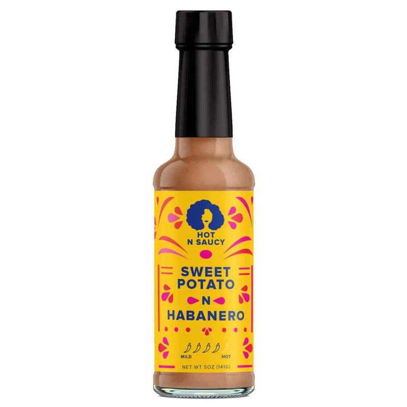 Hot N Saucy Sweet Potato N Habanero hot sauce, 5 oz bottle, features fiery heat balanced with sweet potato flavor, ideal for enhancing dishes like stews and tacos.