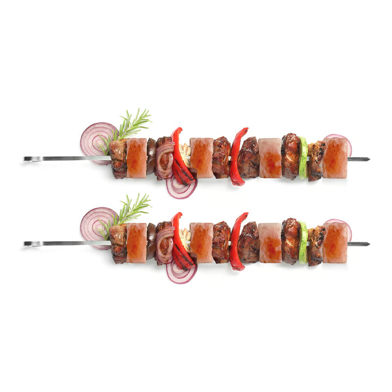 Himalayan Salt Cubes/Skewers with grilled meat, pink salt blocks, red onion, bell pepper, zucchini, and rosemary on metal skewers for enhanced grilling.