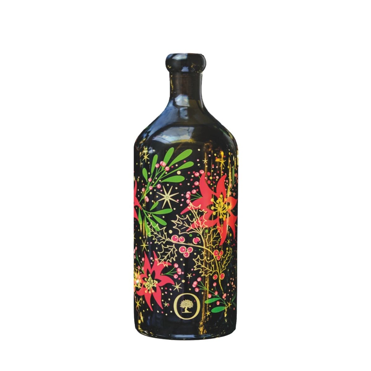 Oliviers&Co | Christmas Olive Oil bottle with festive poinsettia and holly design, featuring a gold tree emblem, perfect for holiday gifting and culinary elegance.