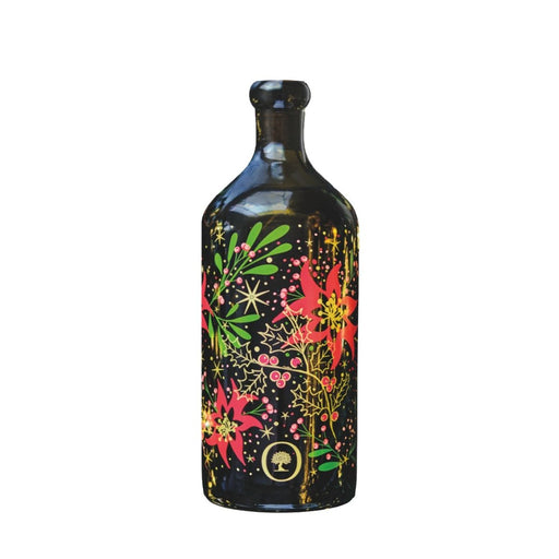 Oliviers&Co | Christmas Olive Oil bottle with festive poinsettia and holly design, featuring a gold tree emblem, perfect for holiday gifting and culinary elegance.