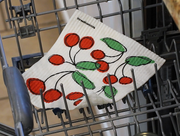 Three Bluebirds Swedish Dishcloths featuring cherry and berry designs, showcasing sustainable and reusable kitchen cleaning solutions from Athens Cooks.