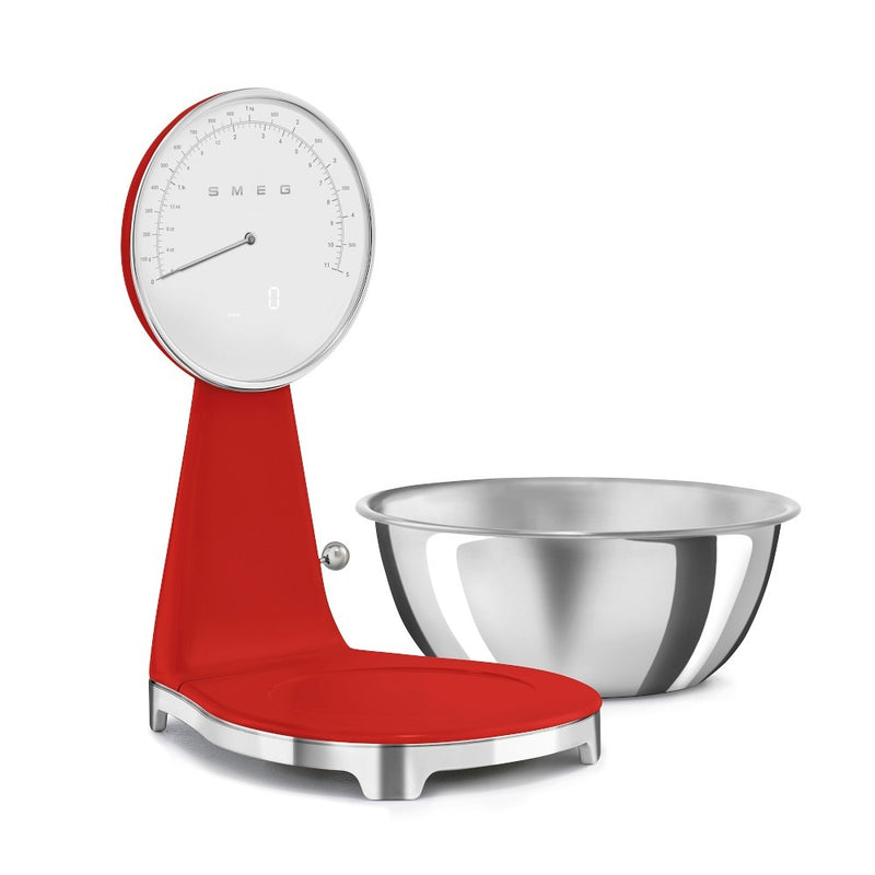 Smeg | Kitchen Scale featuring a retro design with a detachable stainless-steel bowl, dual-mode display, and USB charging, ideal for precise cooking at Athens Cooks.