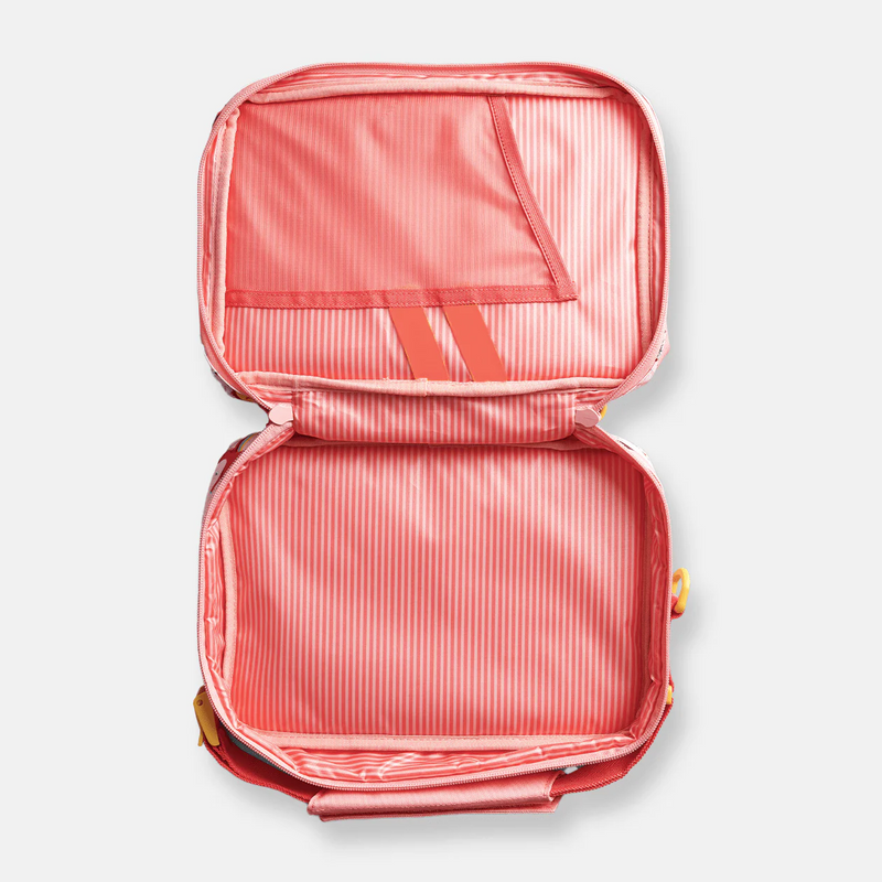 PlanetBox Rover-Launch Carry Bag - Watermelon, shown open with pink-and-white pinstripe interior, featuring compartments for lunch essentials and adjustable strap for easy transport.