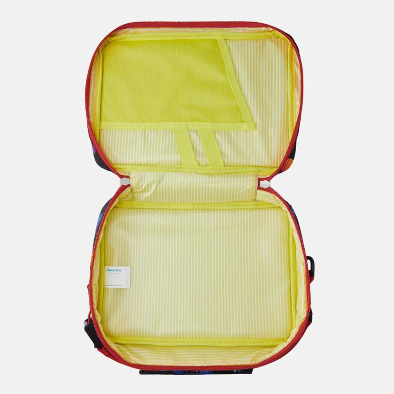 PlanetBox Rover & Launch Carry Bag, Traffic Jam, featuring a lined interior with mesh pocket and elastic loops, ideal for organizing small glass containers for meals.