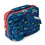PlanetBox | Rover & Launch Carry Bag, Traffic Jam: A blue insulated lunch tote with car prints, red zipper, shoulder strap, and PlanetBox logo. Ideal for organized, fresh meals.