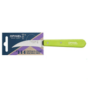 Opinel | Essential Birdsbeak Vegetable Knife - Apple Green on carded packaging, featuring a curved stainless steel blade and bright green wooden handle, ideal for precise fruit and vegetable preparation.