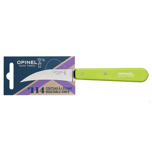 Opinel | Essential Birdsbeak Vegetable Knife - Apple Green on carded packaging, featuring a curved stainless steel blade and bright green wooden handle, ideal for precise fruit and vegetable preparation.