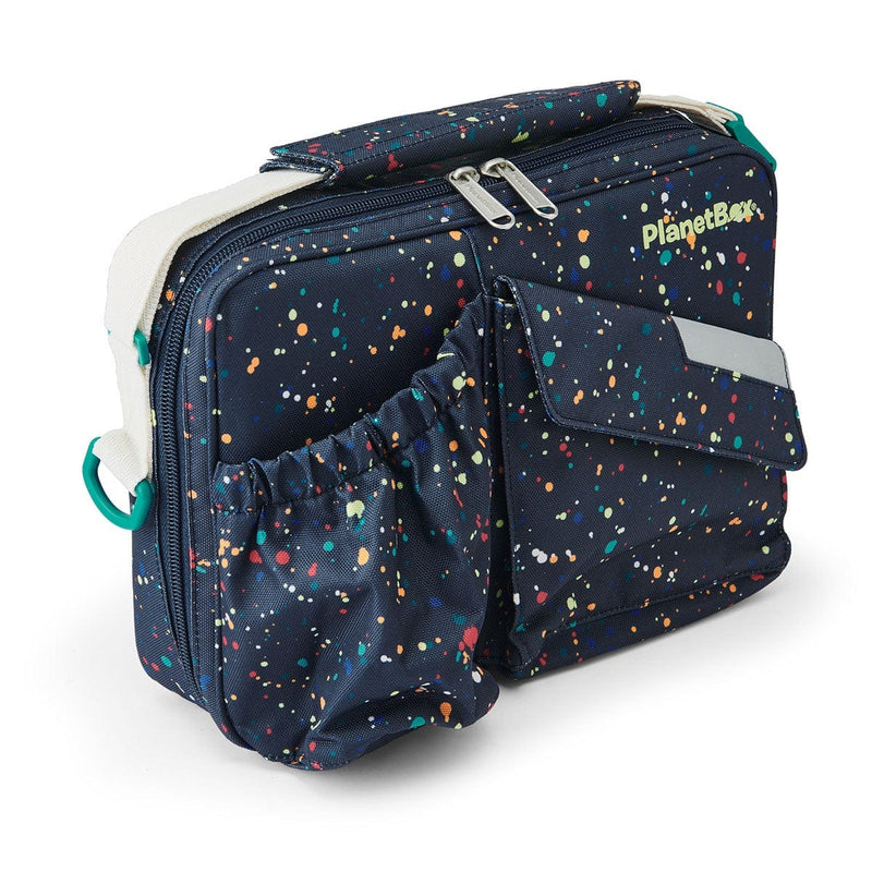 PlanetBox Rover-Launch Carry Bag in Splatter Paint design features insulated storage, outer pouch, water bottle pocket, and adjustable strap, ideal for on-the-go lunches.
