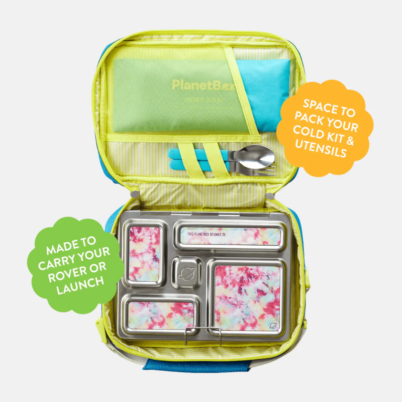 PlanetBox Rover-Launch Carry Bag - Watermelon with insulated pouch, stainless-steel tray, utensils, and napkin, optimized for easy lunch transport and storage.