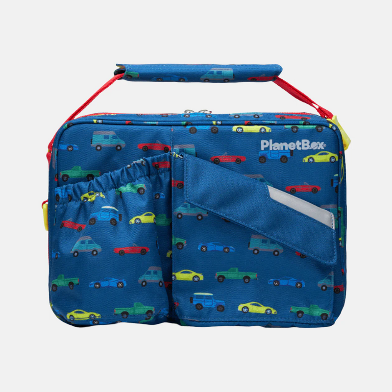 PlanetBox | Rover & Launch Carry Bag, Traffic Jam: Bright blue lunch bag with colorful cars, featuring two front pockets and a padded handle. Ideal for organized, fresh meals.