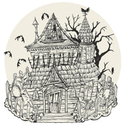 Haunted House Coloring Placemat by Hester & Cook featuring a spooky, detailed illustration of a haunted house with eerie elements like bats, an owl, and a graveyard.