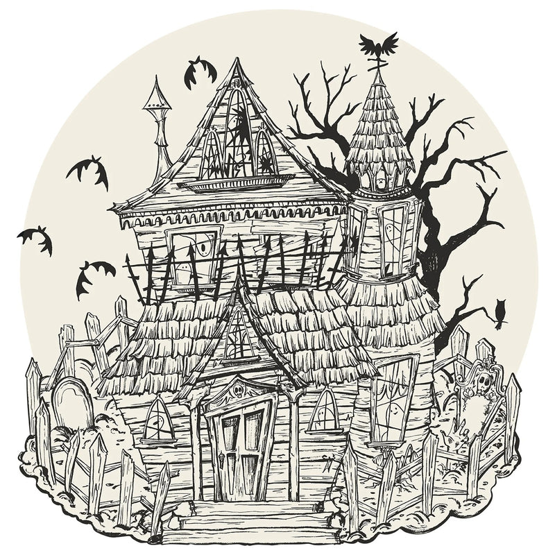 Haunted House Coloring Placemat by Hester & Cook featuring a spooky, detailed illustration of a haunted house with eerie elements like bats, an owl, and a graveyard.